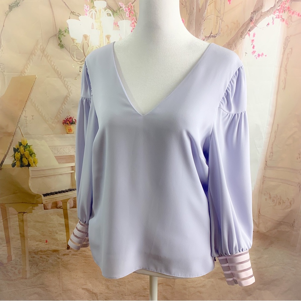 Prose & Poetry Lavender V Neck Sheer Cuff Blouse